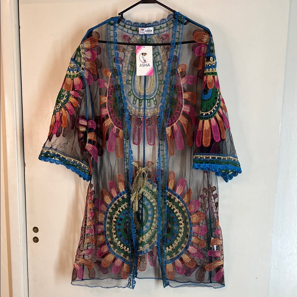Asha NWT Colorful Sheer Embroidered Kimono OS